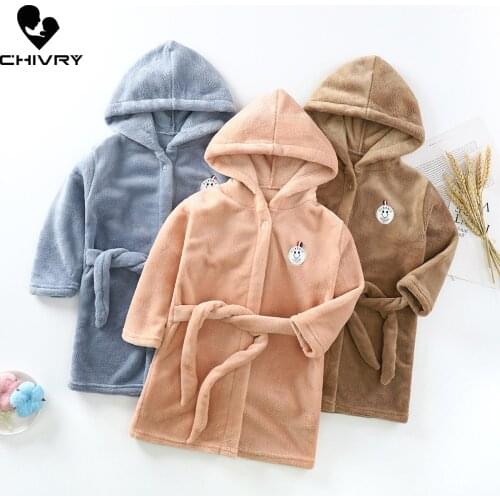 New Autumn Winter Kids Hooded Bathrobe Baby Bath Robes Boys Girls Thicken Warm Solid Flannel Pajamas Long Sleeve Towel Robe