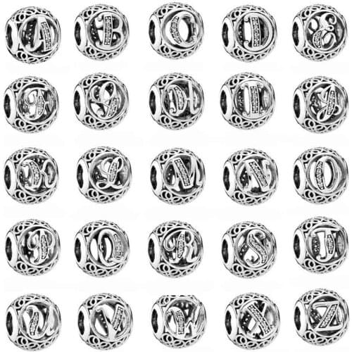 Pan Vintage A-Z Openwork Alphabet 26 Letter With Crystal Charm 925 Sterling Silver Beads Fit Bracelet & Bangle DIY Jewelry