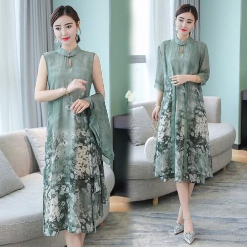 Hot Sale Summer Autumn New Chinese Style Retro Stand Collar Dress Temperament Long Flower Two-Piece Faux Silk Female Dresses