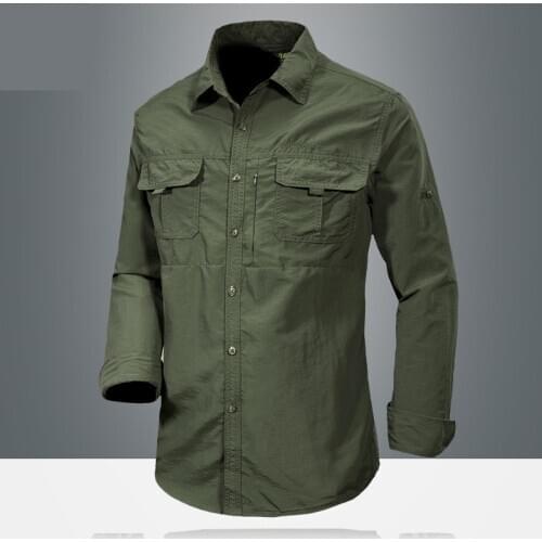 Summer Quick Dry Work Shirts Men Lightweight Military Tactical Shirts Roll Up Multi-Pockets Combat Performance Shirts