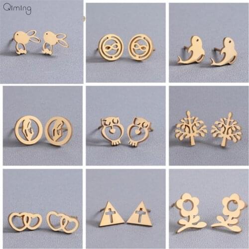 Stainless Steel Stud Earrings for Women Girls Rabbit Animal Love Tree Small Gift Gold Simple Fashion Wholesale Earring Girl