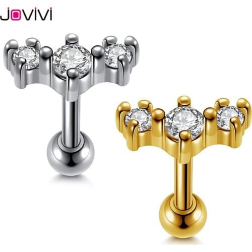JOVIVI New 316 Stainless Steel 16Ga Stud Earrings Cubic Zirconia Round Barbell Tragus Cartilage Helix Ear Studs Piercing Jewelry