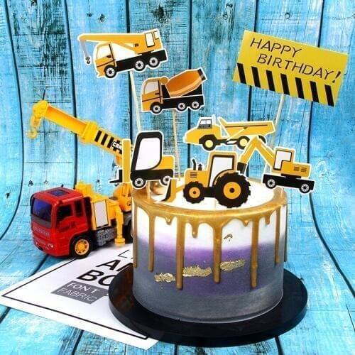 Cartoon Traffic Signs Cake Topper Excavator Bulldozer Happy Birthday Cupcake Topper For Baby Shower Party Cake Decorations 2019