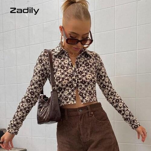 Zadily 2021 Autumn Long Sleeve Plaid Printed Shirt Women Sexy Button Up Floral Ladies Blouse Slim Female Crop Tops Clothing