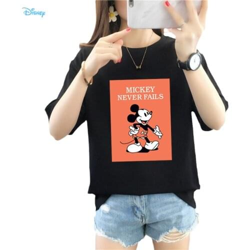 S-3XL Oversized Print Mickey Never Fails Funny T-shirts Ladies Short Sleeve Black White Cotton Tops Women 2021 Summer Disney