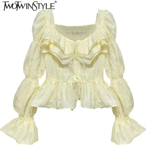 TWOTWINSTYLE Patchwork Ruffle Shirt For Women Square Collar Long Sleeve Casual Blouse Female Fashion New Clothing 2021 Stylish