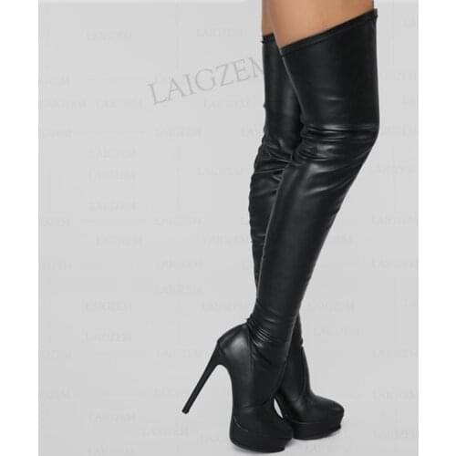 BERZIMER Women Thigh High Platform Boots Stretch Side Zip Up Thin High Heels Boots Over Knee Lady Shoes Woman Plus Size 43 45 52