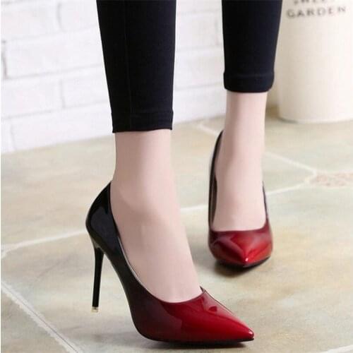 2020 Shadow Women Shoes Pointed Toe Pumps Patent Leather Dress Wine Red 10CM High Heels Boat Shoes Wedding Shoes Zapatos Mujer