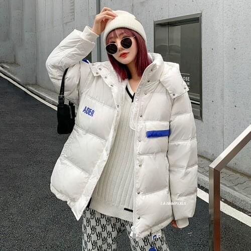 Winter New Hooded Down Jacket Womens Fashion Korean Style Loose Color Contrast 90% white Duck Down Parkas White/Black