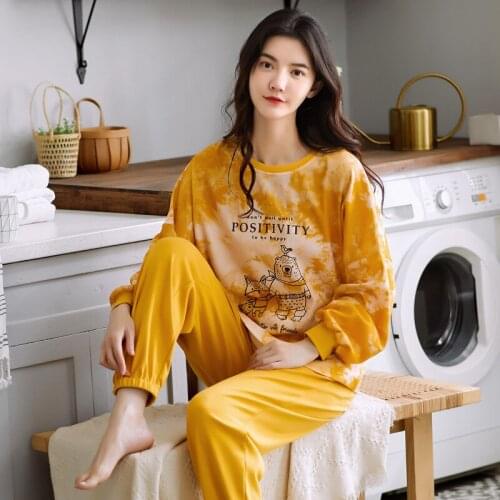 Winter Pajamas for Women Cotton Yellow Tie-dye Pullover Women Pajamas Kawaii Cartoon Bear Nightwear Thicken Keep Warm Sleepwear