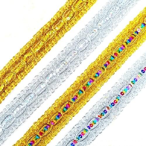 YACKALASI 12 Yds/Lot 3D Floral Lace Sequined Gold Crochet Ribbon Lace Gold Silver Braided Trims Gold Sewing Band 2.8cm