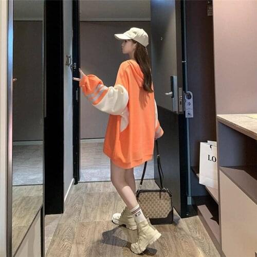 2019 Harajuku Japanese Sweatshirt Women Clothes Autumn Orange Hoodies Patchwork Long Sleeve Pullover Loose Jumper Hoodie Females