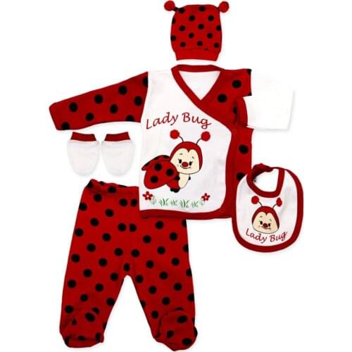 Girl Boy Baby Out of Hospital Ladybug Figured Newborn Set 5 Pieces Cotton