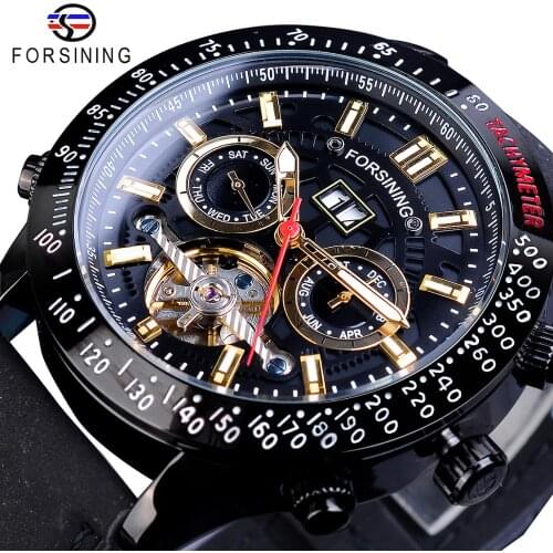 Forsining Automatic Mechanical Watch For Men Waterproof Date Week Display Tourbillon Clock Leather Band Fashion Erkek Kol Saati