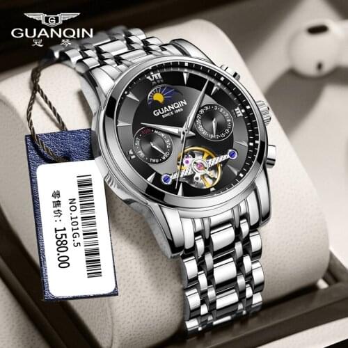 GUANQIN Watch Luxury Brand Automatic Mechanical Sapphire Sun Moon Phase Multifunction Waterproof Leather Clock Men watches
