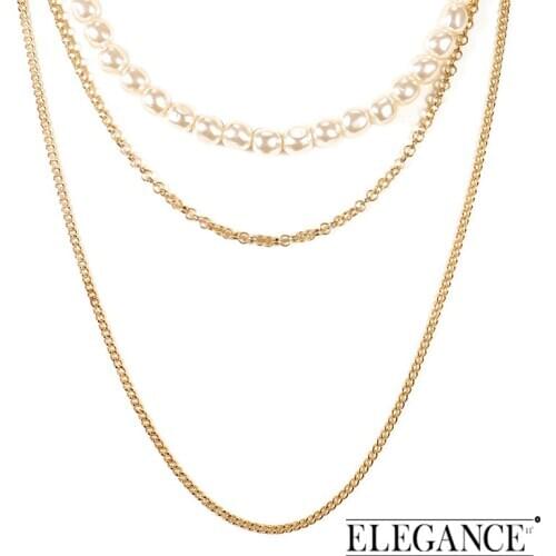 ELEGANCE11 Women Pearl Necklace 3 Layer Pendant Chain Vintage Necklace Sweater Accessories Hollow Collar Chain Simple Jewelry