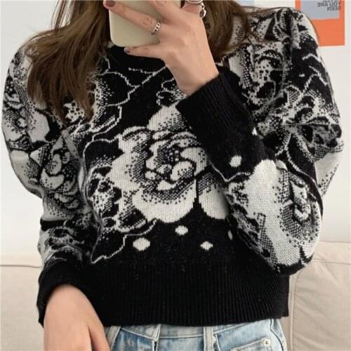 Retro floral print elegant slim fitted winter sweater termperament puff sleeve all-match streetwear fall winter fashion 2020
