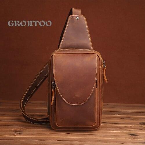 GROJITOO New handmade Crazy Horse leather mens bag cowhide chest bag mens leather shoulder messenger bag running bag
