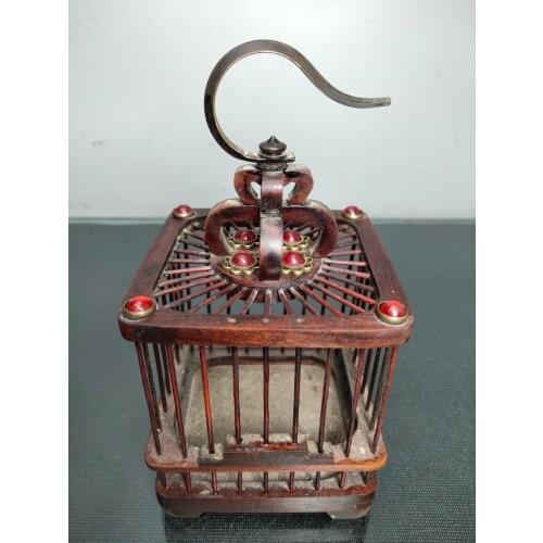7"Chinese temple collection Old Bronze Mahogany Cricket cage Cricket pot Pendant Bucket cricket Ornaments Town House Exorcism