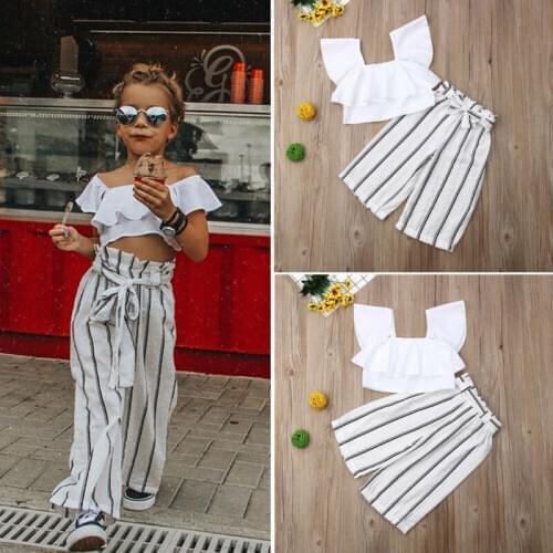 Kids Baby Girls 2Pcs Outfit Set Ruffle Crop Top Stripe Pants Toddler Summer Clothes Set