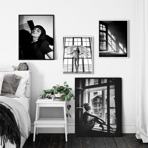 Fashion Sexy Women Poster Dance Girl Wing Window Wall Art Canvas Painting Black And White Art Prints Nordic Pictures Home Decor