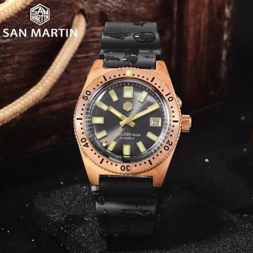 San Martin 62Mas CuSn8 Bronze Mens Mechanical Wristwatches Diver Automatic Self-Wind Sunray Blue Dial Luminous Blue Watches