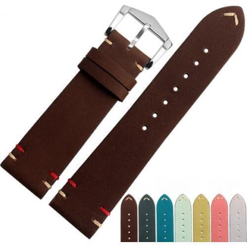 20 22mm Man Lady Cowhide Suede Leather Brown Green Yellow Pink Yellow Grey VINTAGE Watch Band Strap Belt Silver Brushed Buckle