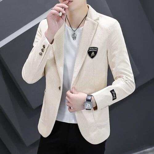 Korean Corduroy Striped Men Blazers 2021 Autumn Casual Suit Jacket Business Social Dress Coat Wedding Streetwear Clothing