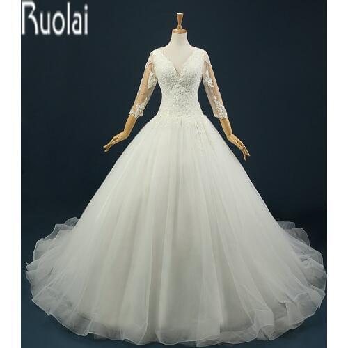 Custom Made New Fashion V Neck Lace Applique Tulle Beading Sweep Train Open Back Formal Wedding Dresses Open Back