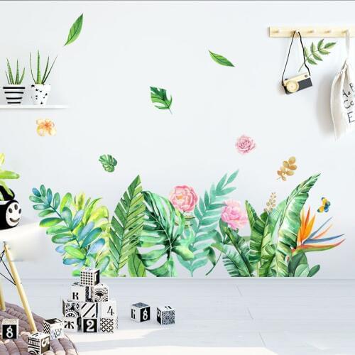 Butterfly Watercolor Plant Green Leaf Baseboard Wall Sticker Leaf Children Room Corridor Living Room Bedroom Wall Bottom Sticker