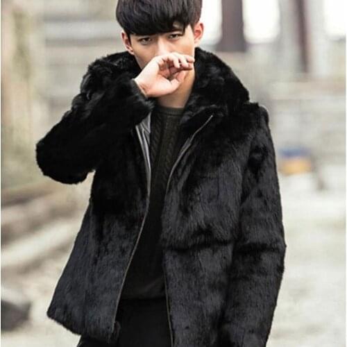 New Winter Warm Fur Jackets Men Faux rabbit Fur Coats New Fashion Male Black Leather Hooded Jackets Leisure Men Trench Outwear