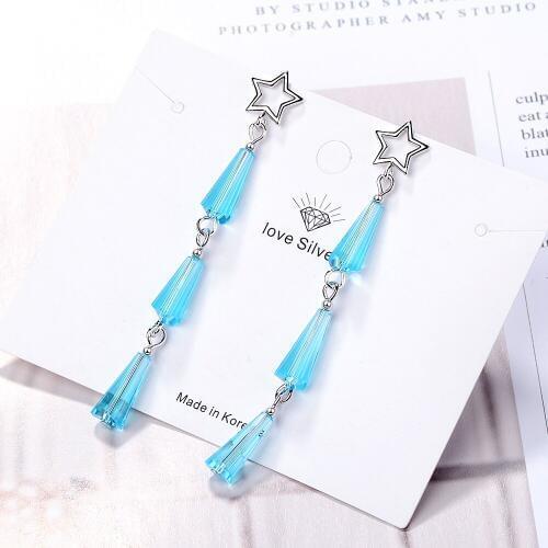 Simple temperament tassel earrings long earrings blue crystal fan-shaped five-pointed star earrings christmas jewelry
