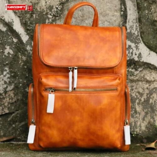 New Vegetable Tanned Leather Mens Backpack Men Laptop Shoudler Bag Schoolbag Travel Backpacks Handmade First Layer Cowhide Soft