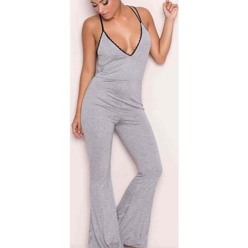 Merry See Gray Lace Embroidered Pendant Tracksuit Sleepwear Jumpsuit