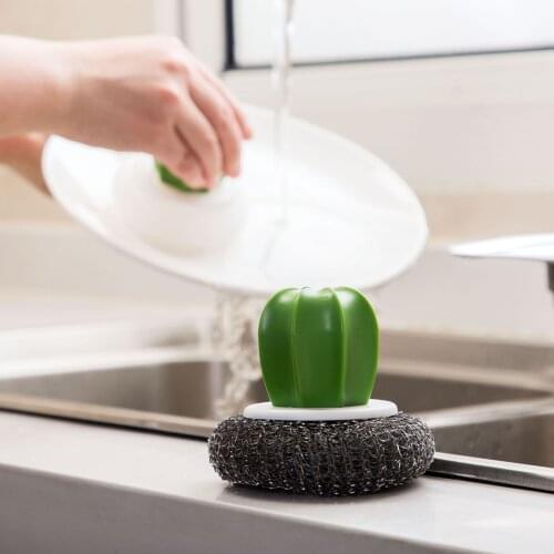 Kitchen Cactus Steel Wire Ball Cleaning Brush With Handle Pot Dish Pan Bowl Scouring Pads Brush Household Cleaning Tools Decor