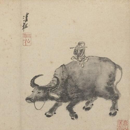 Traditional Chinese painting black and white picture vintage giant posters boy playing flute on a cow Song dynasty wall decor