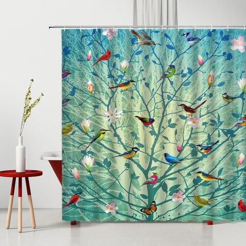 Chinese Style Shower Curtain Flower Bird Branches Leaves Blue Sky Creativity 3D Print Waterproof Bathroom Curtain Set With Hooks