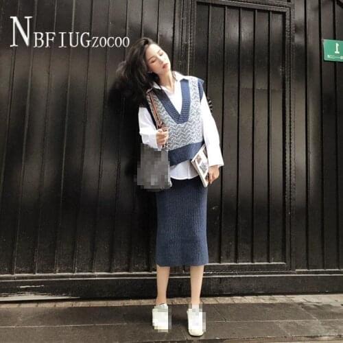 Women Sets 3 Pieces Outfits Knitted Vest and Blouse and Knit Skirt Female Sets
