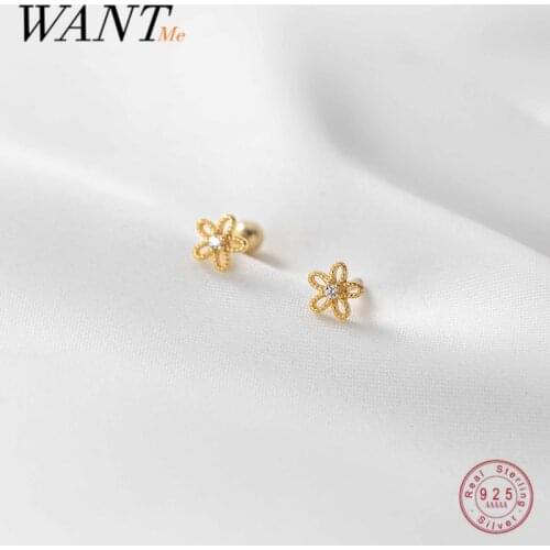 WANTME 925 Sterling Silver Fashion Sweet Romantic Flower Rotating Mini Small Stud Earrings for Women Simple Party Jewelry Gift