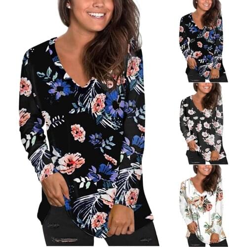 WomenS Top T-Shirt Fashion Autumn All-Match V-Neck Printing Loose T-Shirt Multi-Color Multi-Size New футболка оверсайз 50