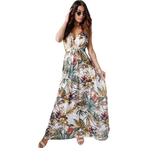 Summer Women 2021 Sexy V-Neck Slim Elastic Waist Maxi Dress Vintage Print Backless Long Elegant Halter Sleeveless Party Dresses
