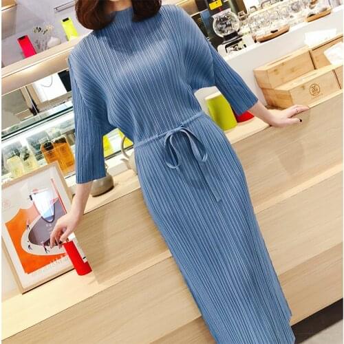 Miyake pleated dress 2020 spring new Korean style plus size slim Vintage temperament women elegant long Sashes aesthetic dress