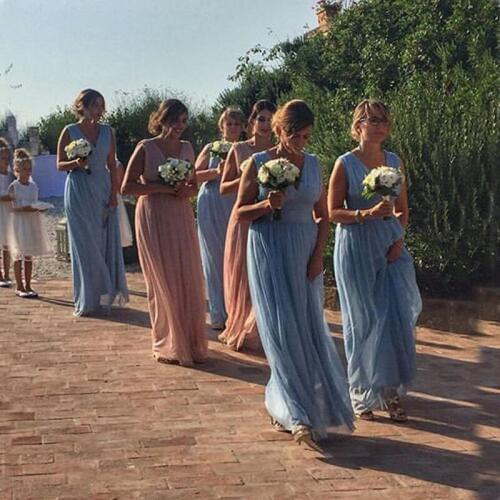 Lamiabridal Simple V-neck Empire Bridesmaid Dresses Light Sky Blue Pink Chiffon Women Wedding Guest Maid Of Honor Party Dresses