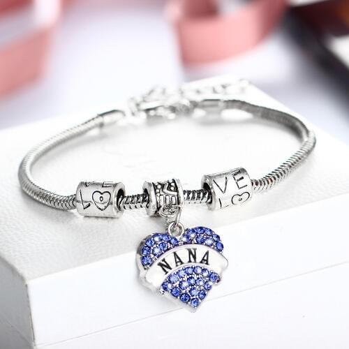12PC Nana Blue Crystal Rhinestone Love Heart Charms Bracelets Bead Chain Bangles Family Grandma Grandmothers Birthday Gifts Hot
