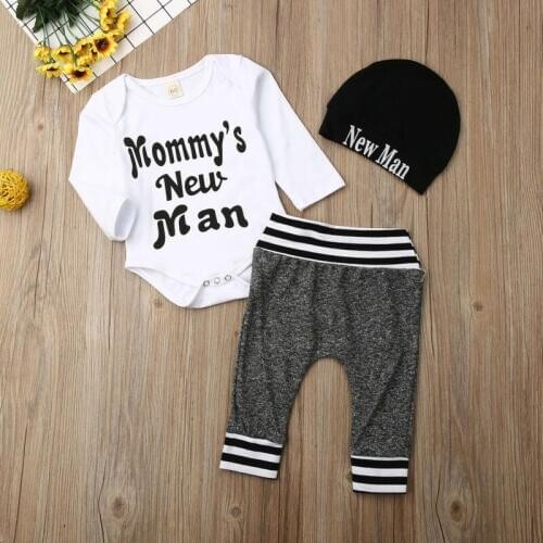 3Pcs Newborn Baby Boy Clothes Letter Tops Romper+Pants+Hat Casual Cotton Long Sleeve Baby Outfits Clothing Set