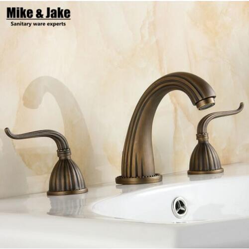 Antique basin tap double handle 3pcs set deck mounted antique brass faucet bathroom sink tap basin mixer vintage bathroom tap