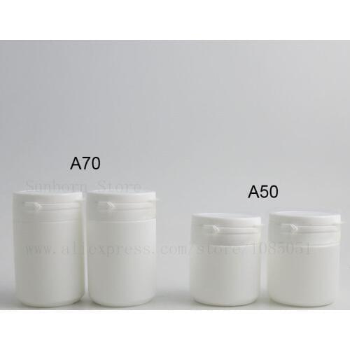 30pcs 50ml/70ml HDPE Solid white pill bottle tearing cap hard plastic PE medical grade hinge Top Medical Bottle