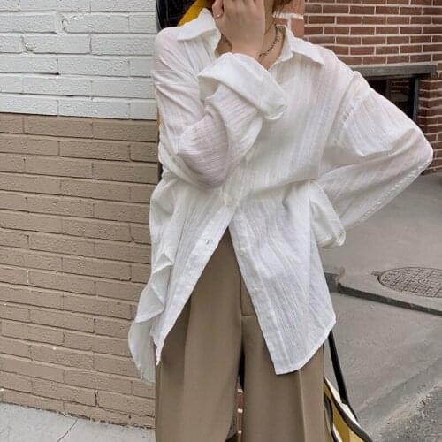 Korean Basic Solid Color Long Sleeve Turn Down Collar White Shirt 2021 Women Office Lady Fashion Single Breasted Blouse Street