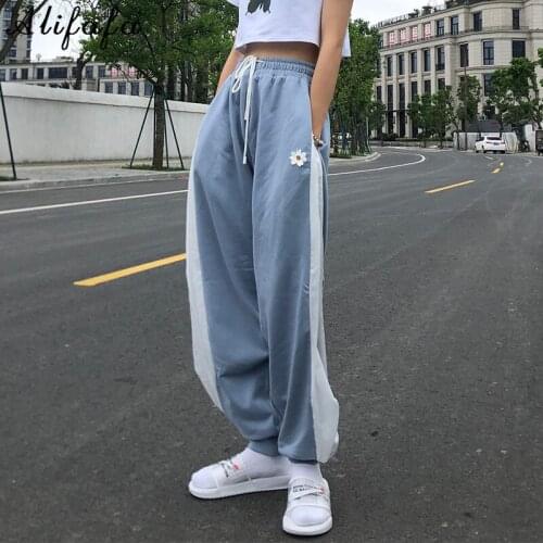 White Blue Contrast Loose Jogging Pants Women High Waist Drawstring Trousers Casual Pants Female Korean Streetwear Pants