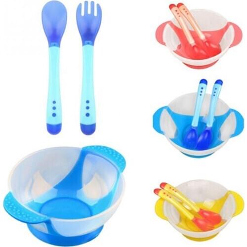 Baby cutlery 3 pieces/set bowl baby sucker tableware spoon with temperature sensing baby food feeding safe bowl tableware